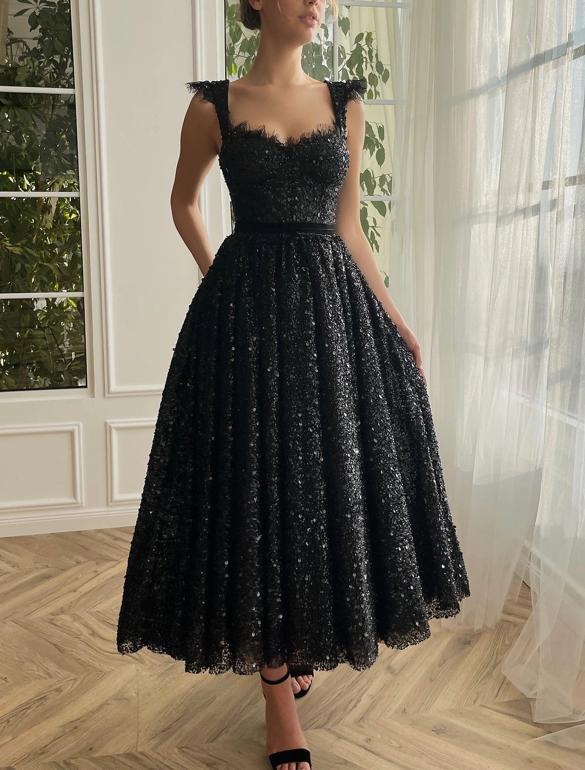A-Line Prom Black Dress Plus Size Vintage Dress Masquerade Party Wear Ankle Length Sleeveless Strapless Wednesday Addams Family Lace with Glitter Sequin 2025